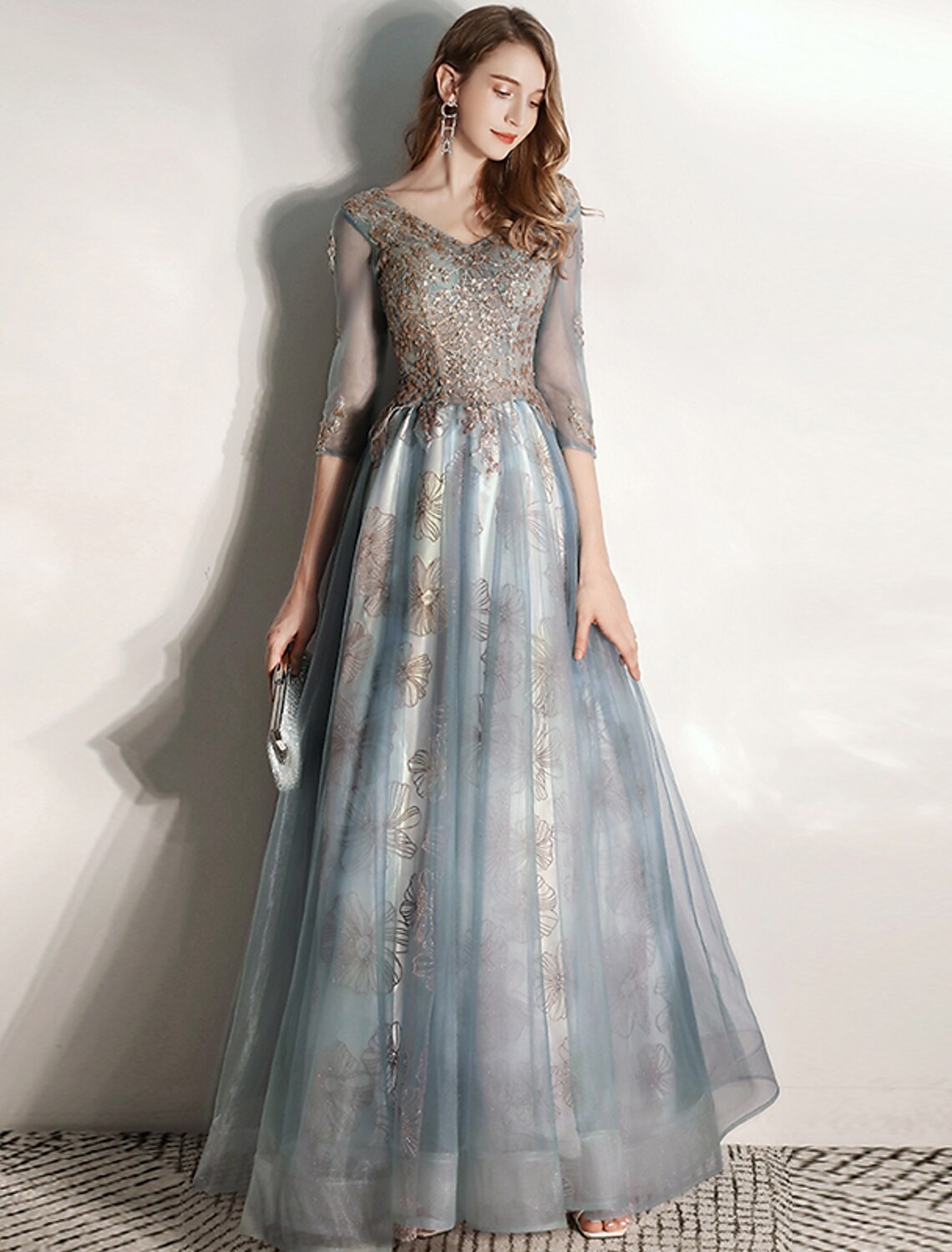 Wholesale  A-Line Prom Dresses Floral Dress Engagement Prom Floor Length Half Sleeve V Neck Tulle with Pleats Pattern / Print Appliques